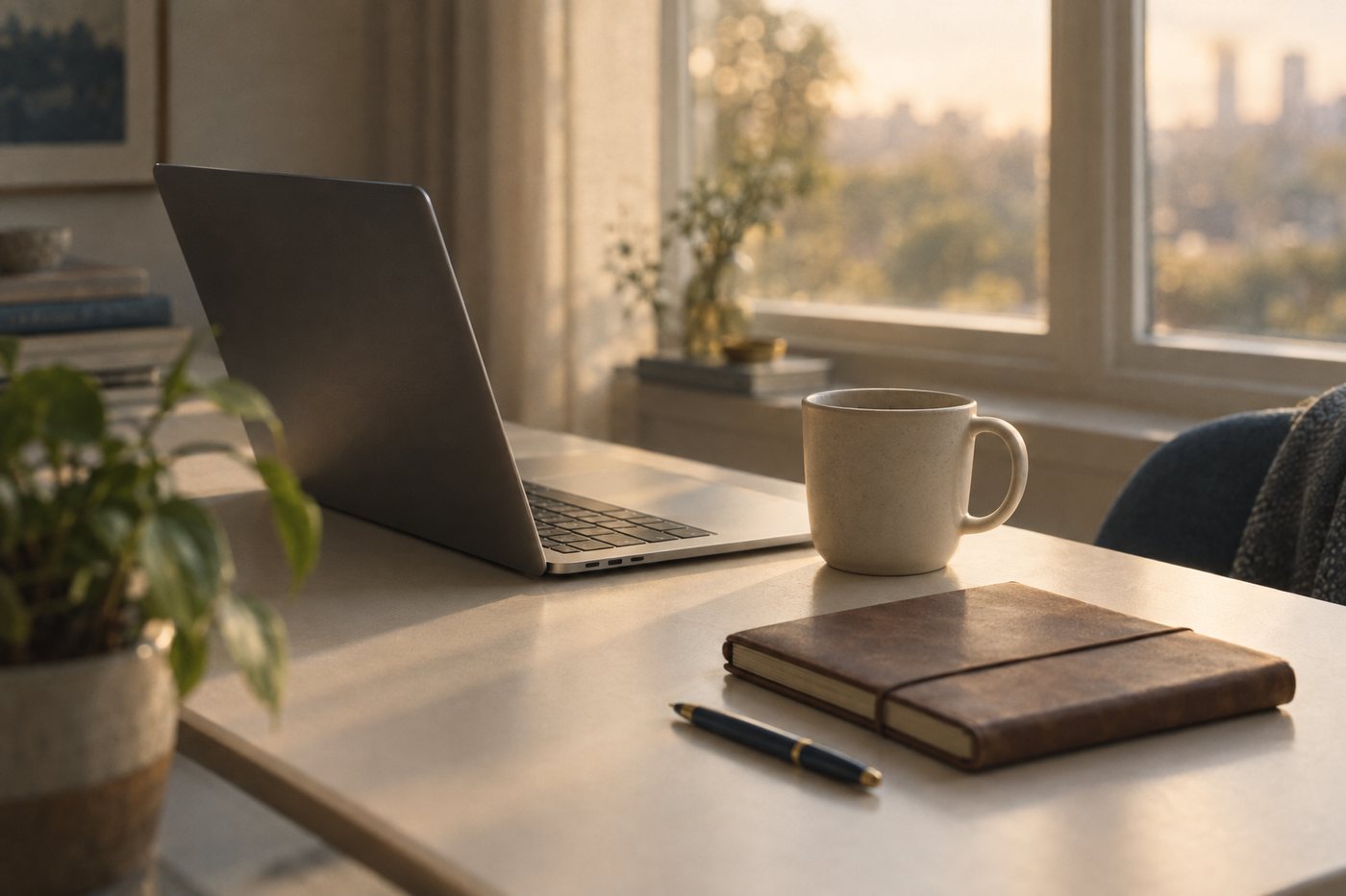 A calm desk beside a window in warm late-afternoon light